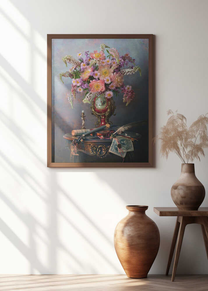 Still life with violin and flowers