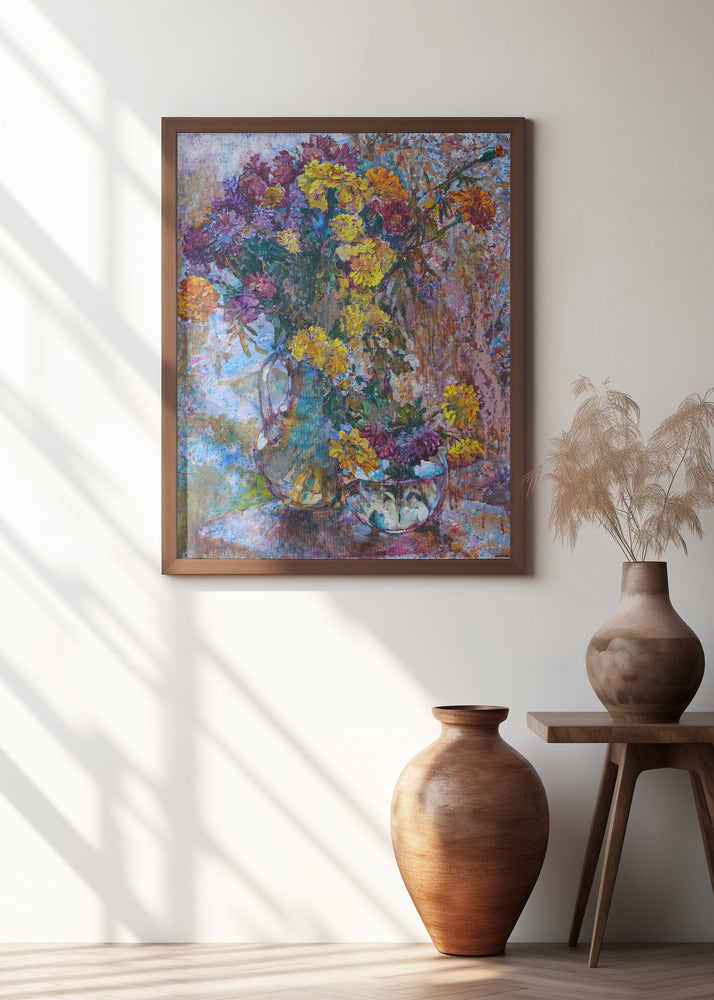 Chrysanthemums against the background of rain