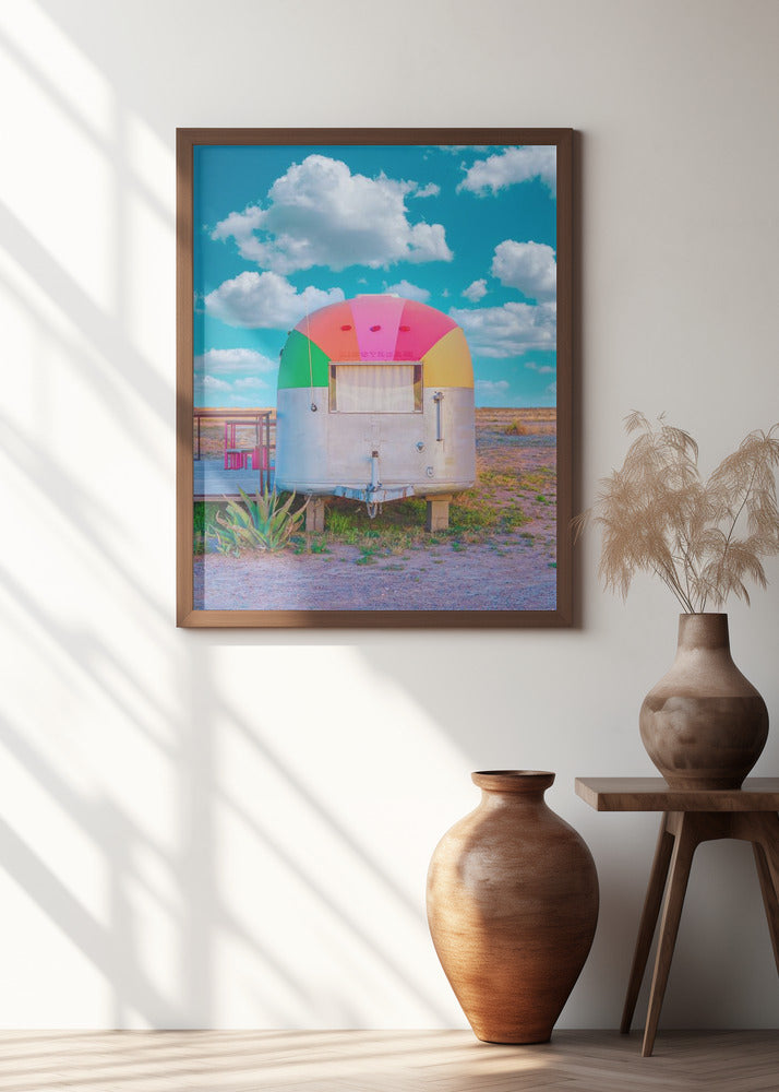 Art Prints of Vintage Camper Trailer With Rainbow Top