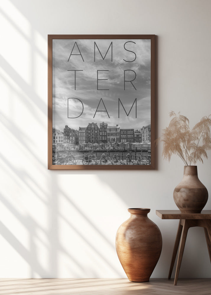 Art Prints of AMSTERDAM Singel Canal with Flower Market | Text & Skyline