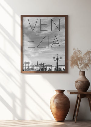 Art Prints of VENICE Gondolas in the early morning | Text & Skyline