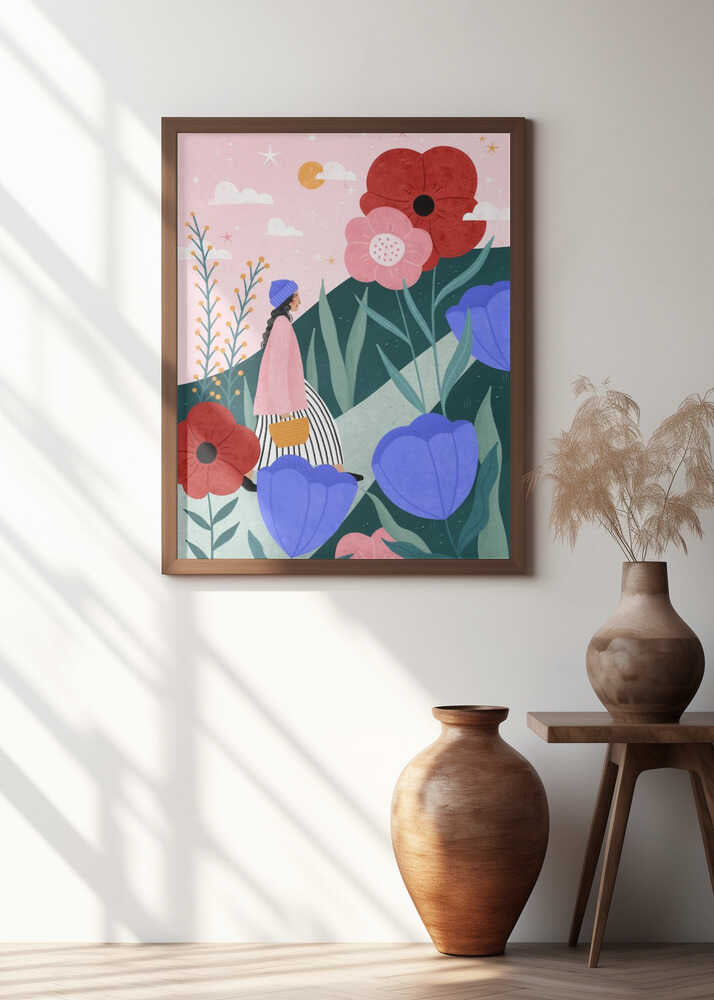 Woman Walking in Flower Garden