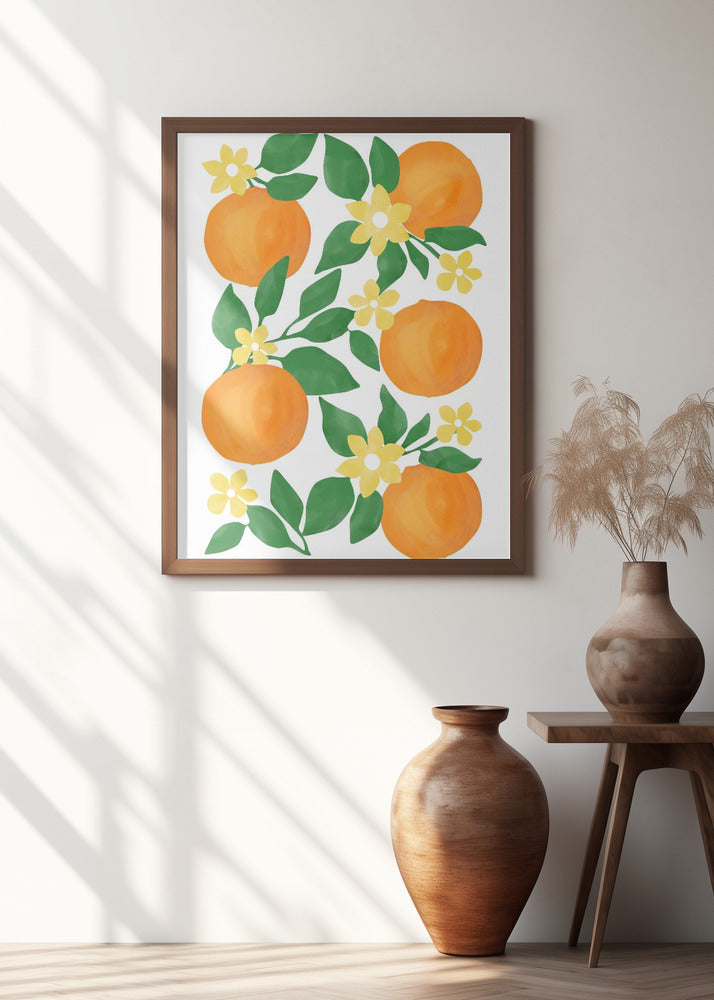 Oranges with Green Leaves and Delicate Yellow Flowers