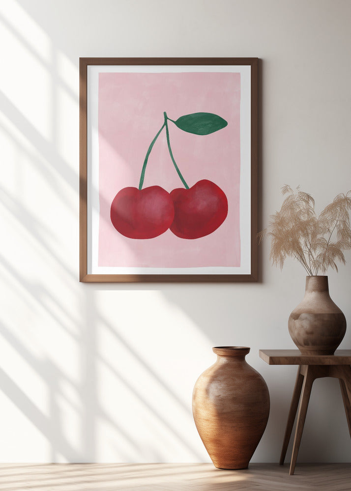 Red Cherries with a Green Leaf