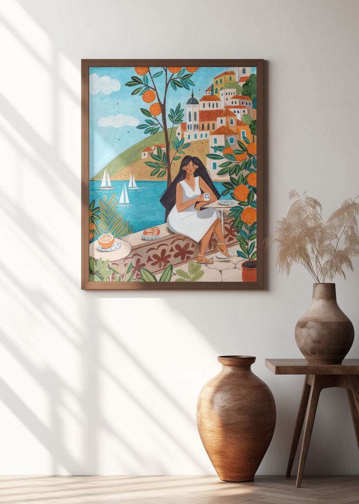 Travel poster woman in Mediterranean coast