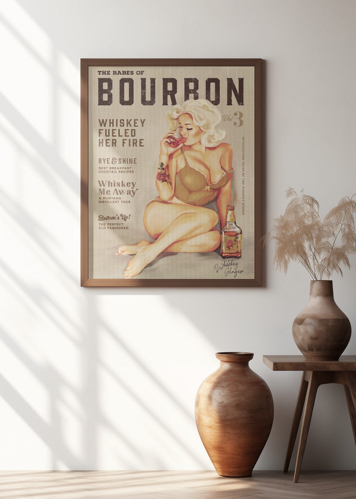 Bourbon Wall Art. Sexy Vintage Pin Up Girl Drinking Whiskey
