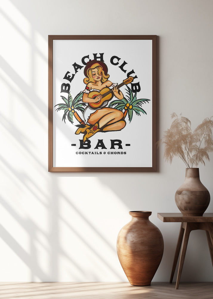 Beach Club Bar. Sailor Jerry Style Pin-up Girl Playing Guitar