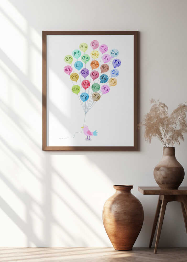 Cute Pink Bird with Alphabet Balloons by Carla Daly