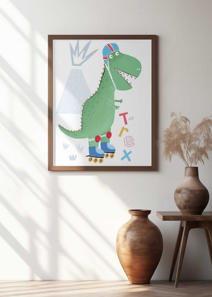 Funny T-Rex on Rollerblades with Volcano by Artist Carla Daly