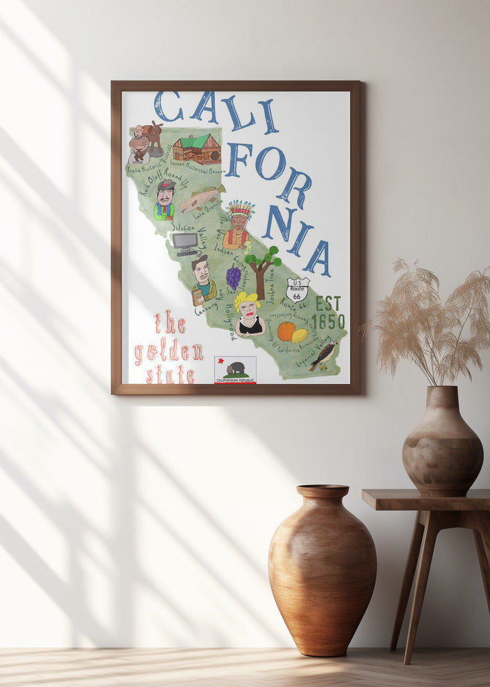 Illustrated Map of California with State Icons by Carla Daly