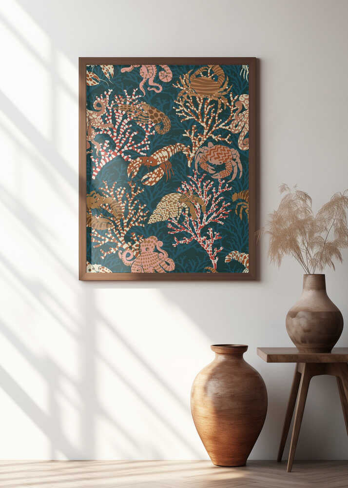 Vibrant coral reef vintage blue pattern