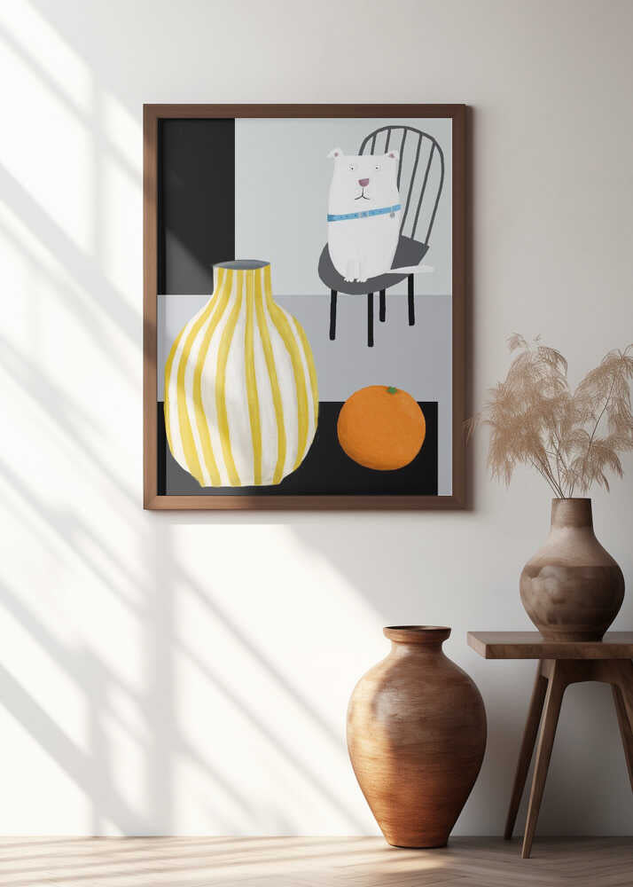 Funny White Dog with Yellow and White Stropped Vase by Carla Daly