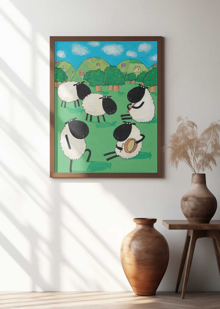 Funny Sheep Dancing in a Green Field by Artist Carla Daly