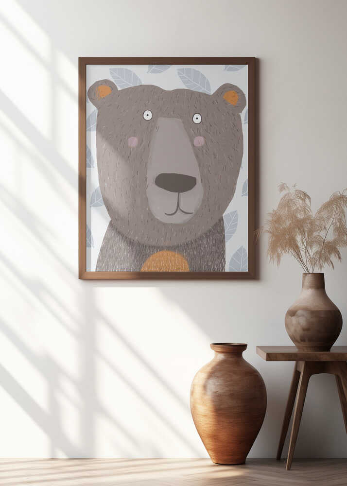 Cute Brown Bear with Grey Leaf Pattern by Artist Carla