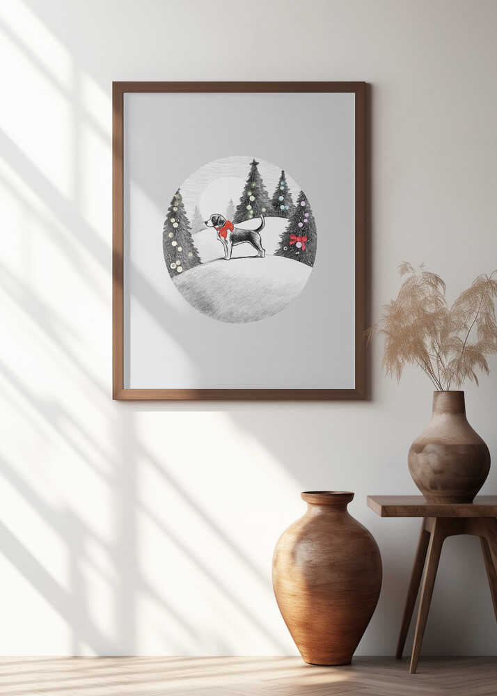 Winter Scenes: Holiday Dog In Snow With Red B Ow On Neck and Decorated Christmas Trees 1