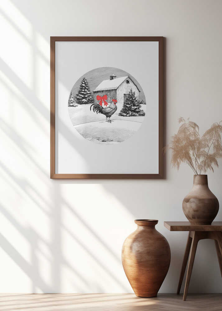 Winter Scenes: Holiday Rooster With Barn On Snow and Christmas Trees 2