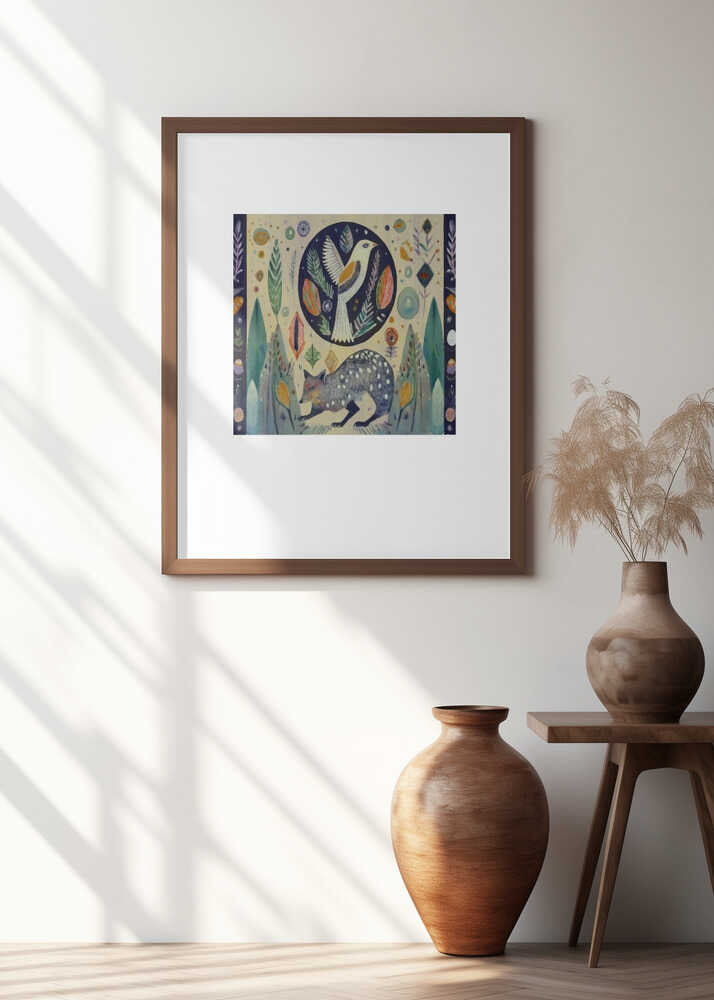 Folk Art Print : Folklore Bird Floral Tapestry 7