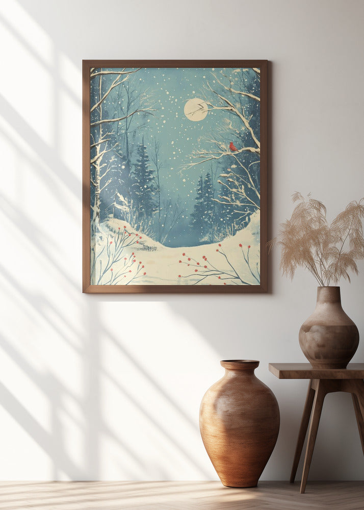 Red Bird in Snowy Forest