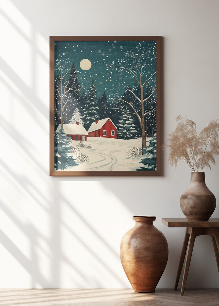 Red Houses and Snowy night sky