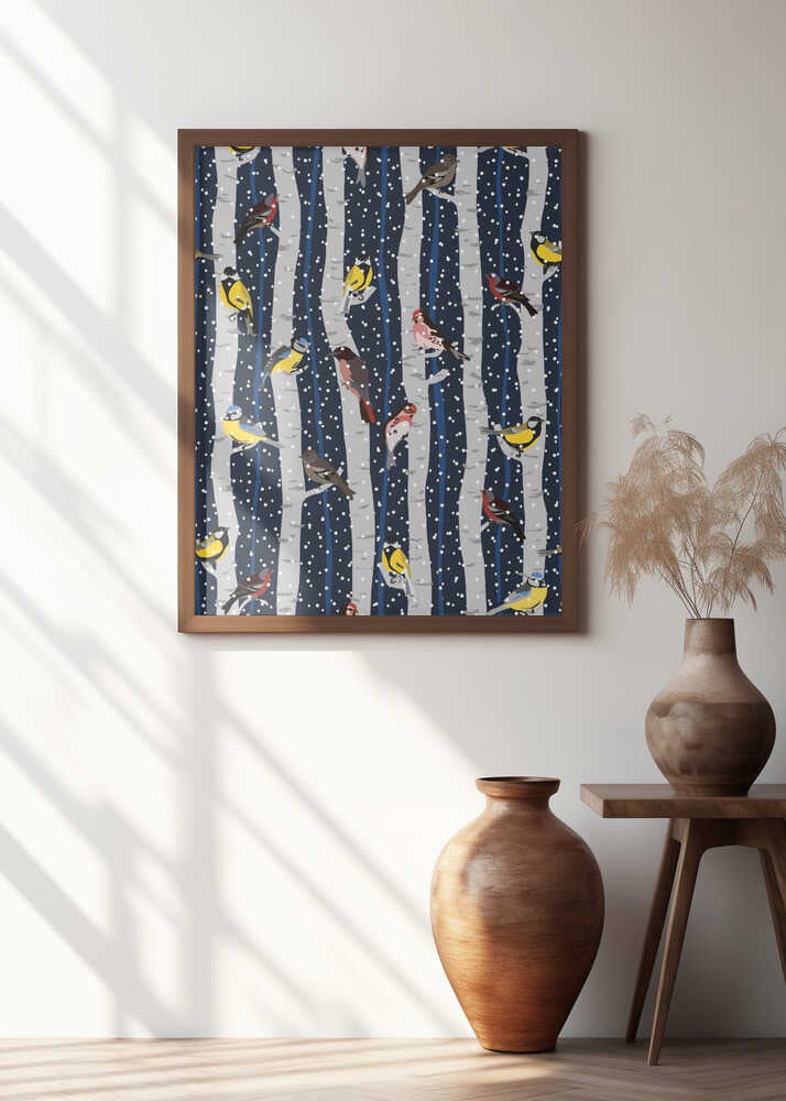 Birds in snowy birchwood on navy blue pattern