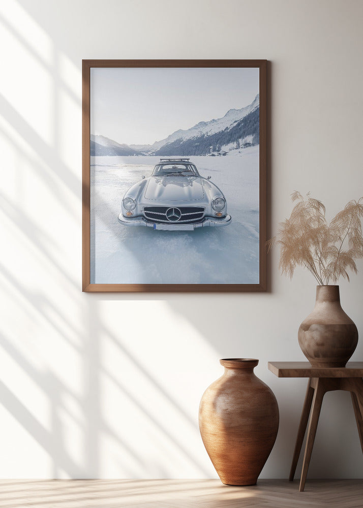 Retro Silver Car On Froozen Lake