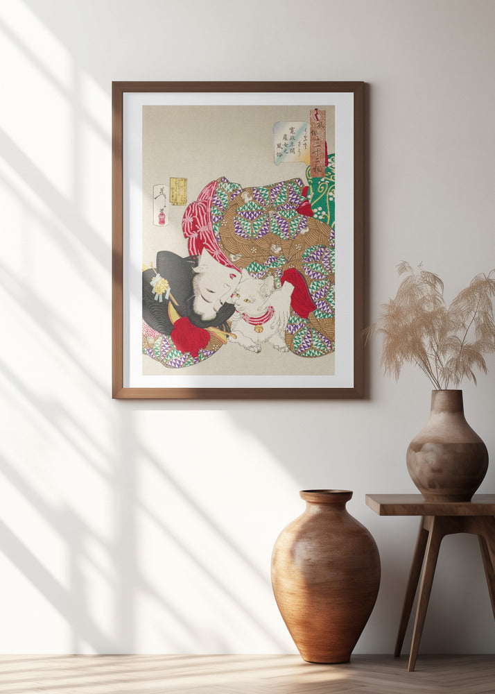 Woman With Pet Kansei Era (1888) Boarder By Tsukioka Yoshitoshi