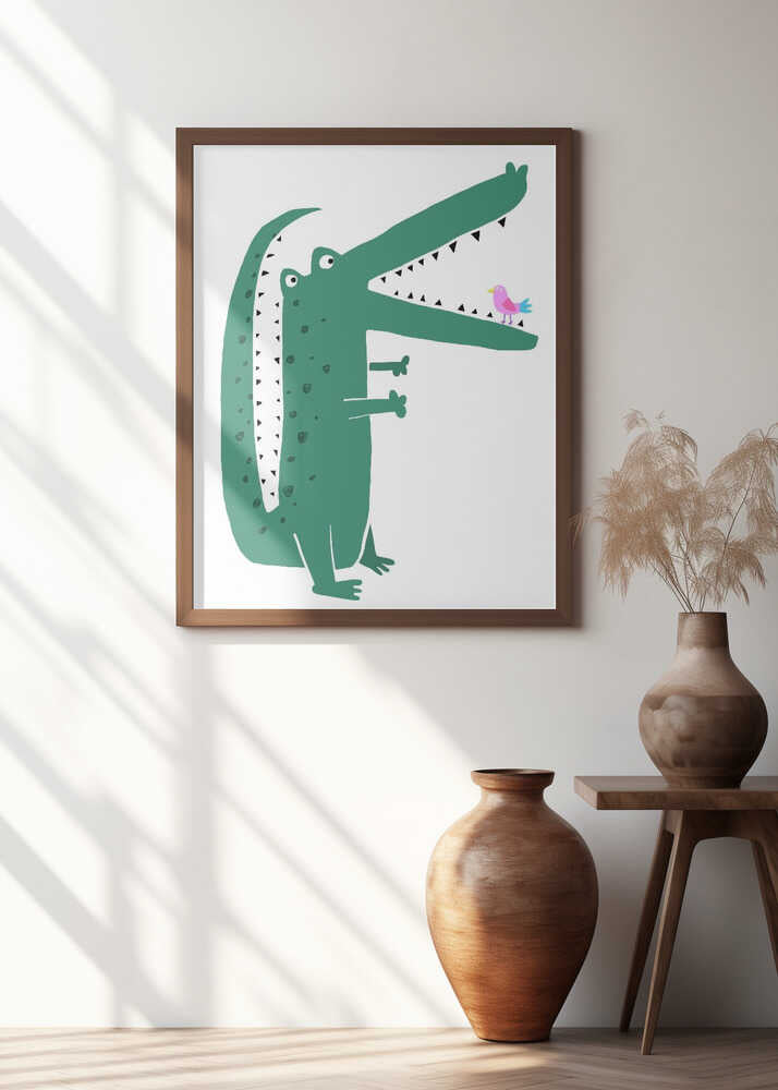 Crocodile with Cute Bird by Carla Daly