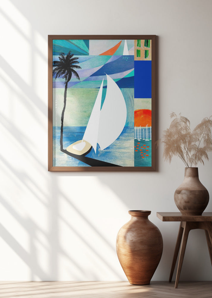 Colourful Mediterranean Travel Art Print With Sunrise And Palm Tree