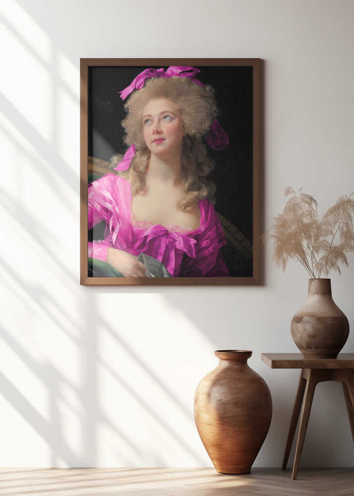 Woman in a Vibrant Pink Gown and Ribbon