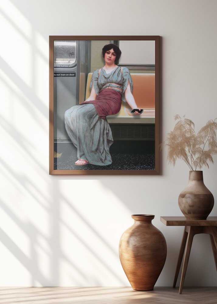 A Woman in Ancient Attire Seated in a Subway