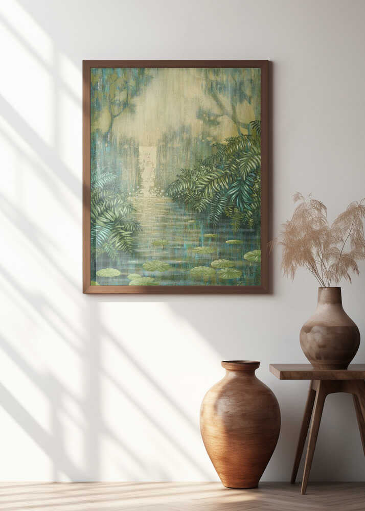 Waterfall Among Green Ferns