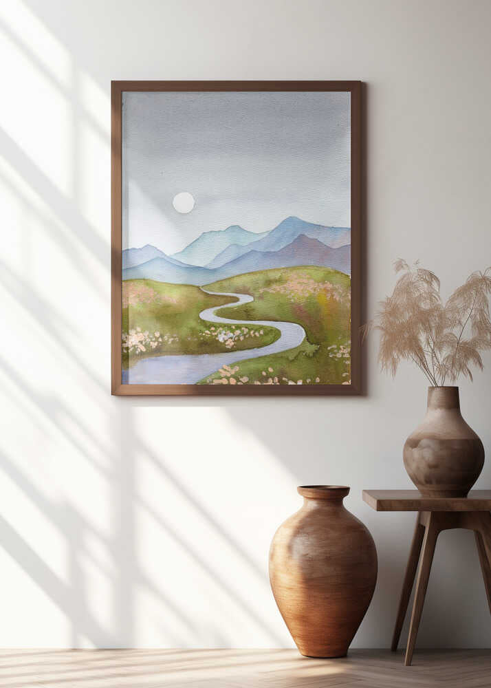 Blue Gray Hills Mountain Landscape With River and Moon