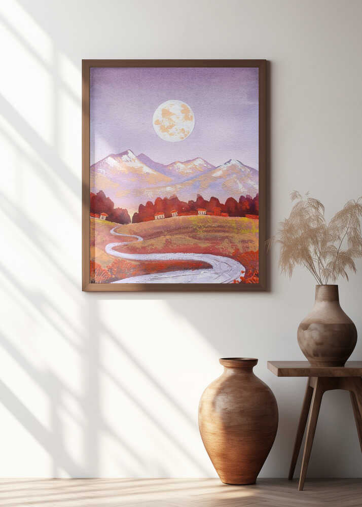 Full Moon Purple Orange Mountain and River Landscape