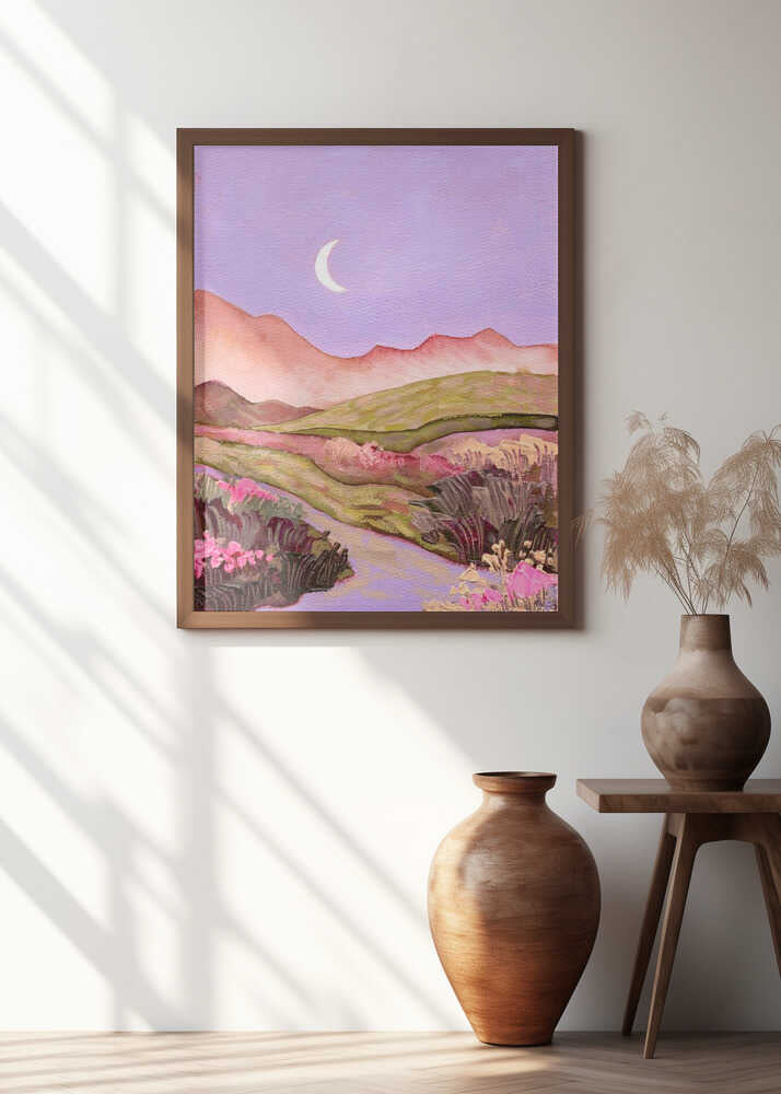 Lilac Sky and Moon Over Flowery Pink Green Fields Landscape