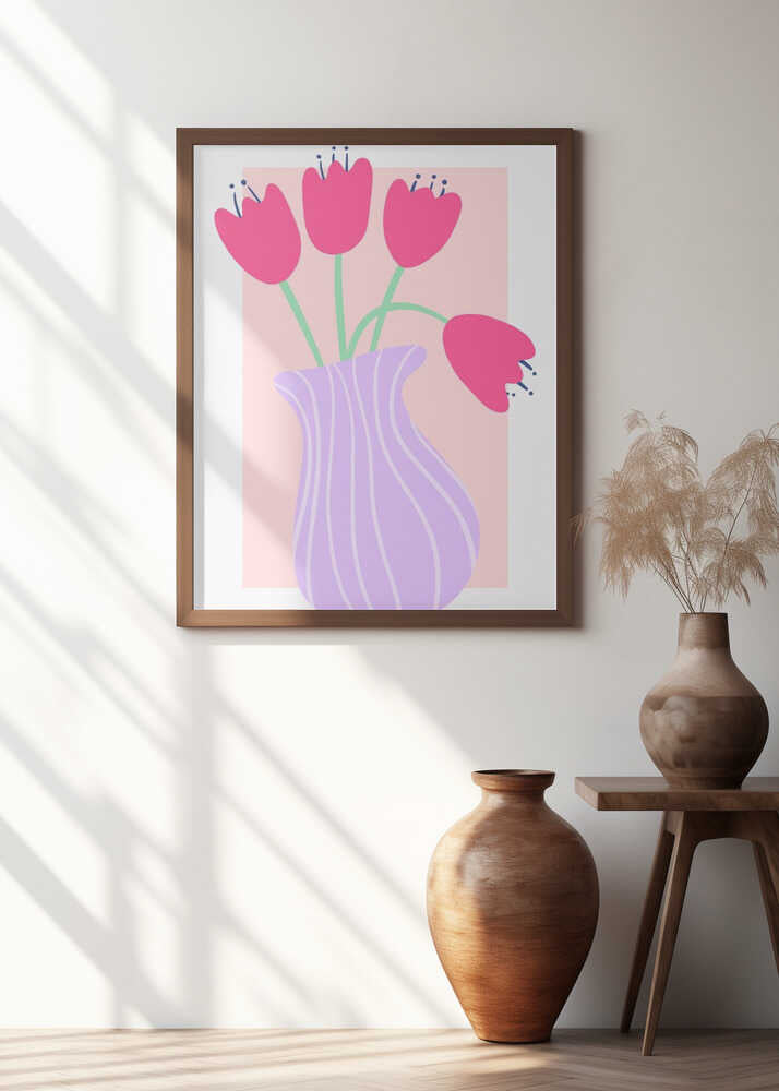 Vibrant Tulips in a Striped Lavender Vase