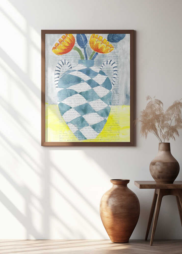 Checkered Vase With Orange Flowers