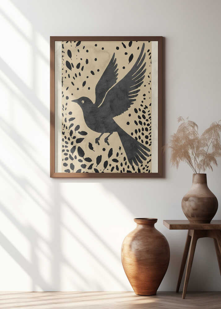 Bird In Flight Surrounded By Scattered Leaves