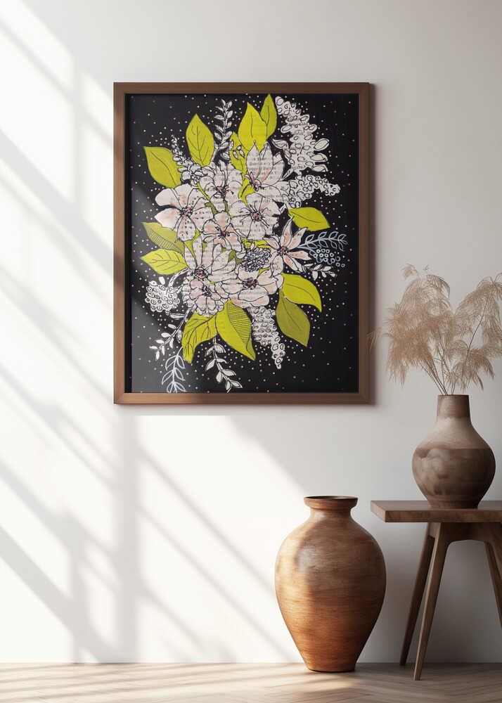 Expressive bouquet of flowers with black background gouache painting
