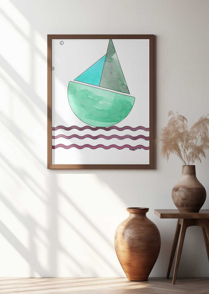 Geometric Boat with Teal and Green Sails
