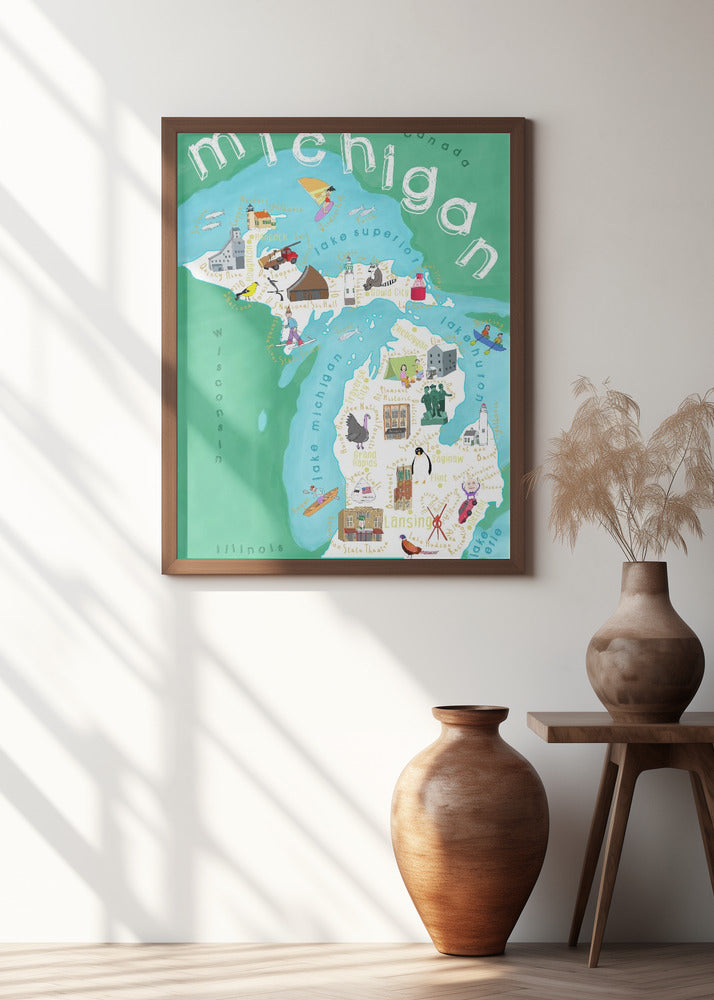 Illustrated Map of Michigan, USA by Artist Carla Daly