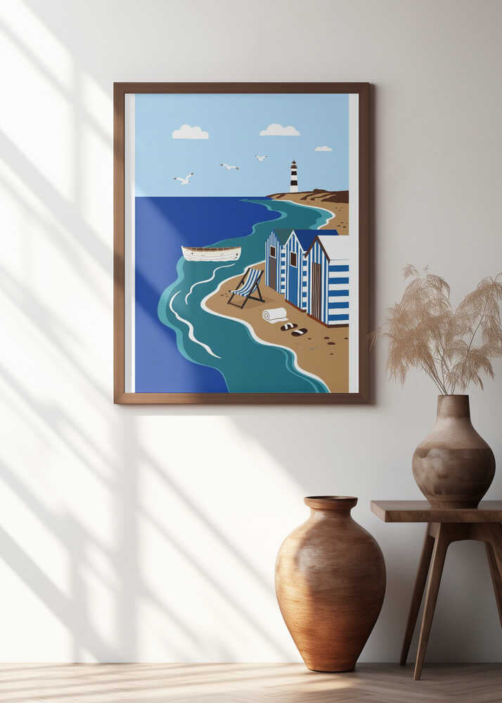 Seaside Beach Huts and Lighthouse