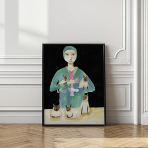 Art Prints of Lady with Five Siamese Cats