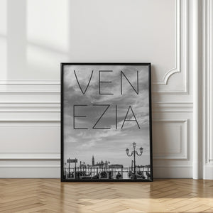 Art Prints of VENICE Gondolas in the early morning | Text & Skyline