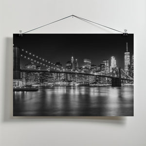 Art Prints of MANHATTAN SKYLINE & BROOKLYN BRIDGE Idyllic Nightscape - Monochrome Panoramic