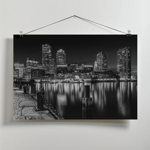Art Prints of BOSTON Fan Pier Park & Skyline at night - monochrome