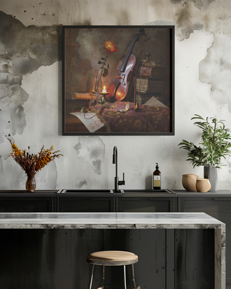 Still life with violin and rose