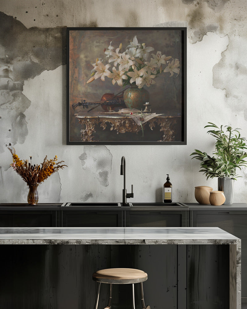 Still life with violin and flowers