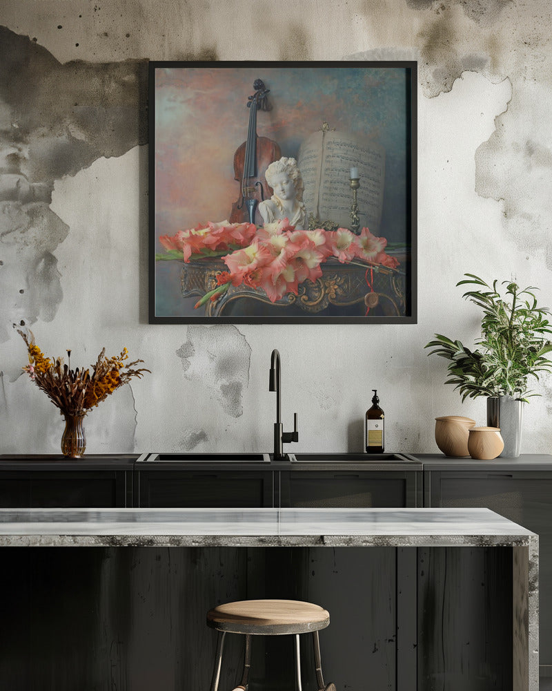 Still life with violin and flowers