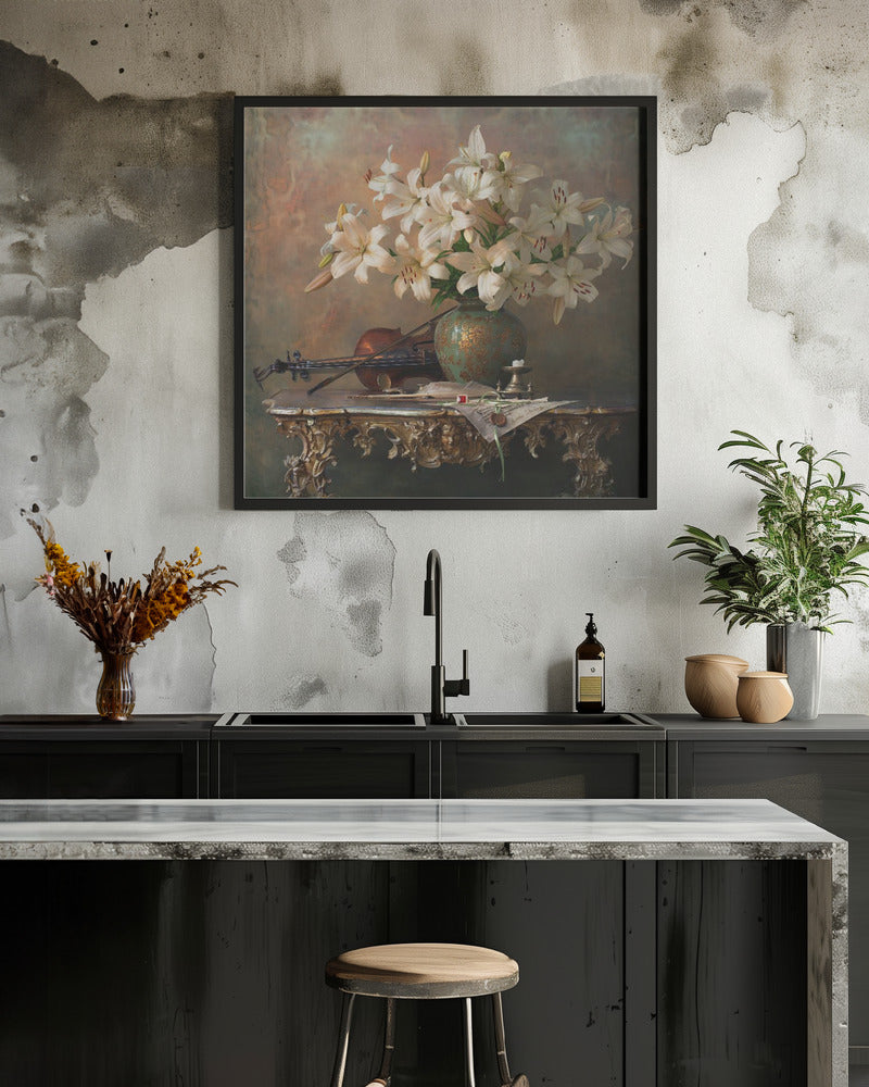 Still life with violin and lilies