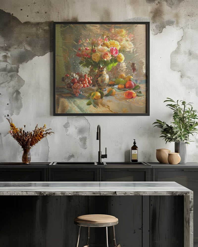 Still life with flowers and fruits